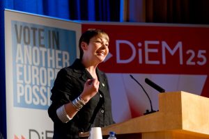 Caroline Lucas addresses a rally co organised with DiEM in May 